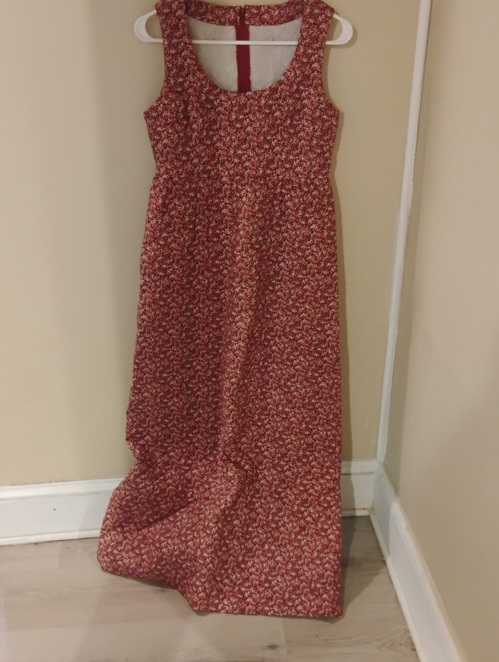 Vintage 1960s Quilted Red Floral Sleeveless Empire Waist Dress Cottagecore